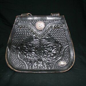 American West Vintage Tooled Black Double Handled Purse